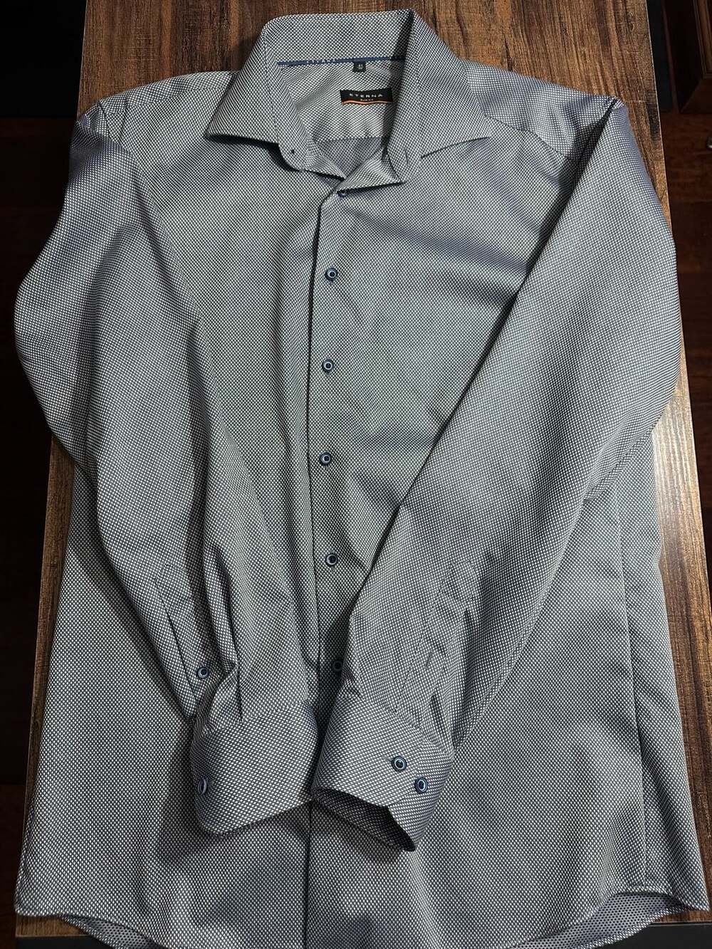 Eterna Slim Fit Shirt Size 41/16 Blue Geometric Cotton Long Sleeve